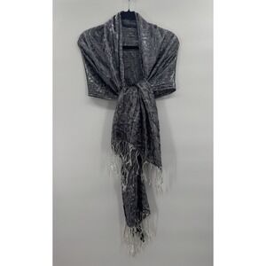 WHBM Metallic Scarf Large Rectangle Paisley Fringe Wrap Shawl Evening Dress Glam
